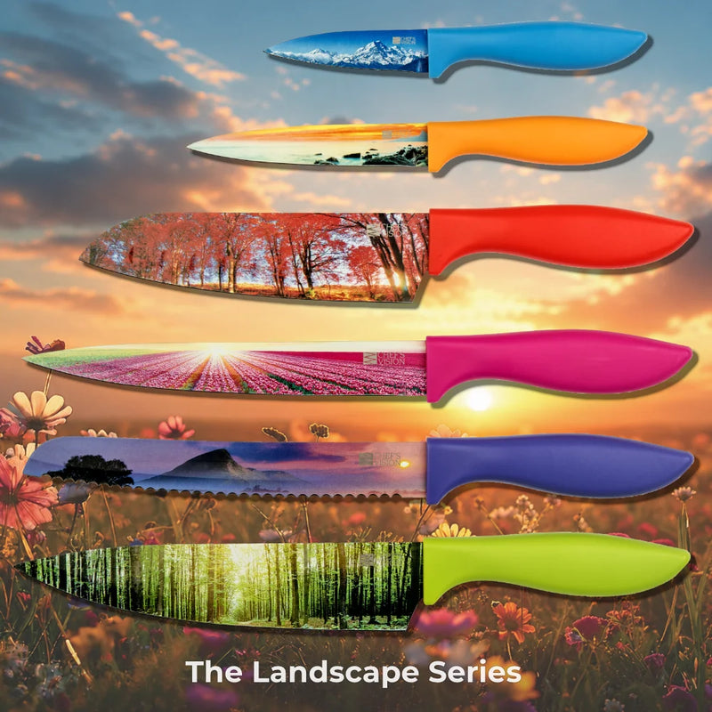 Six kitchen knives with colored handles and stainless steel blades featuring landscape scenes, arranged on a field at sunset. Text: "Landscape Six-Piece Knife Set by Chef's Vision.