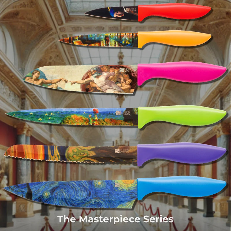 The Chef's Vision Masterpiece Six-Piece Knife Set features dishwasher-safe stainless steel knives with blades adorned by famous artworks and vibrant handles, bringing art and practicality to your kitchen. Displayed against a museum gallery backdrop.