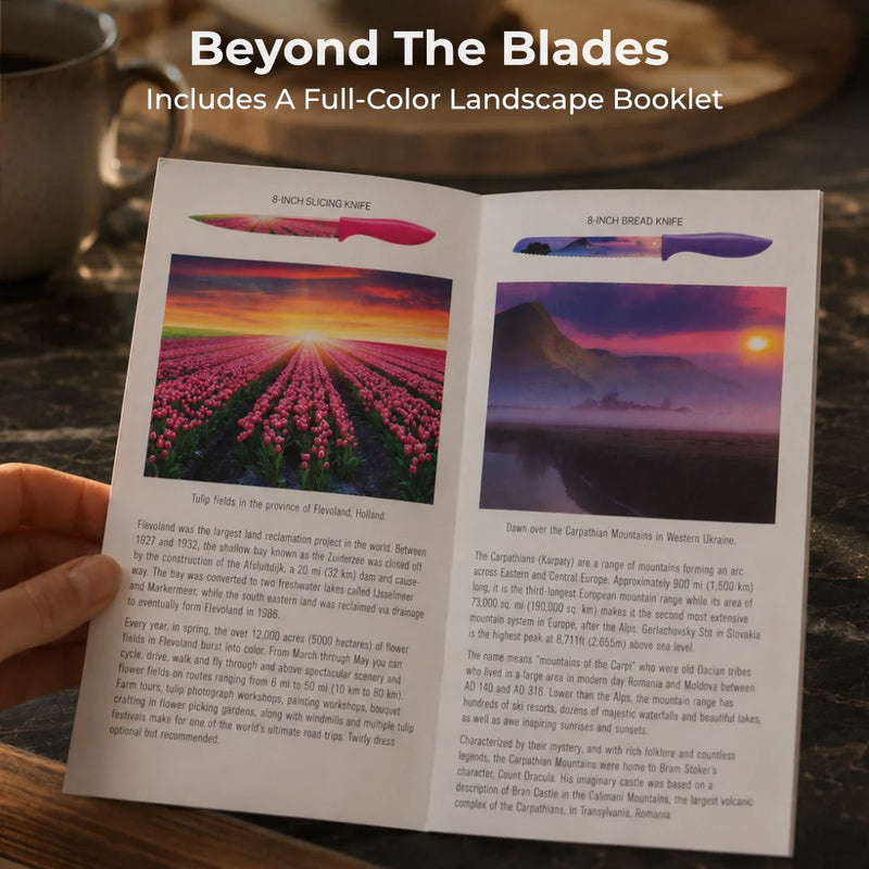 A person holds an open booklet showing photos of Chef's Vision's Landscape Six-Piece Knife Set and scenic views, with text about tulip fields in the Netherlands and Ukraine’s Carpathian Mountains.