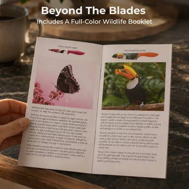 A person displays a Chef's Vision Wildlife Six-Piece Knife Set beside a booklet featuring butterfly and toucan art, with descriptive text shown below each image.