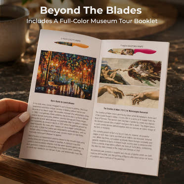 A person holds an open booklet displaying Chef's Vision’s Masterpiece Six-Piece Knife Set, with colorful ergonomic handles and designs like a landscape painting and Michelangelo’s "The Creation of Adam," on a wooden table.