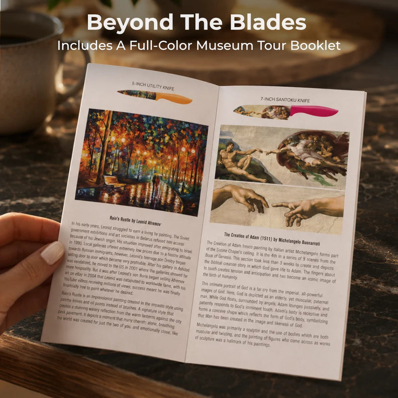 A person holds an open booklet displaying Chef's Vision’s Masterpiece Six-Piece Knife Set, with colorful ergonomic handles and designs like a landscape painting and Michelangelo’s "The Creation of Adam," on a wooden table.