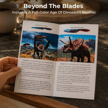A hand holds an open booklet with images and descriptions of two dinosaurs beside illustrations of the Chef's Vision Jurassic Six-Piece Knife Set, beneath the text “Beyond The Blades.”.