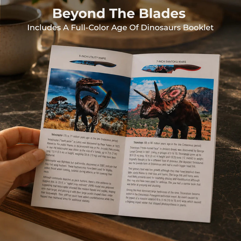 A hand holds an open booklet with images and descriptions of two dinosaurs beside illustrations of the Chef's Vision Jurassic Six-Piece Knife Set, beneath the text “Beyond The Blades.”.