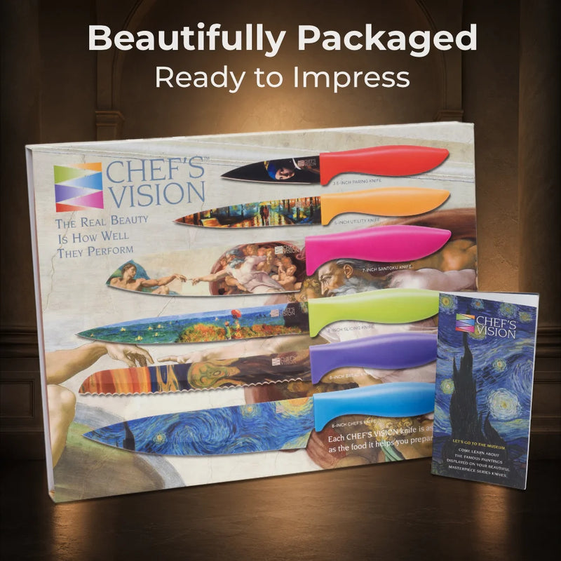 The Chef's Vision Masterpiece Six-Piece Knife Set features ergonomic handles and art-inspired, colorful blades, displayed in a branded box with a matching booklet beside it.