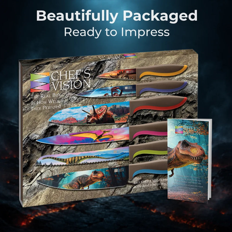 The Jurassic Six-Piece Knife Set by Chef's Vision features colorful, dinosaur-themed dishwasher-safe knives with ergonomic handles, presented in a gift box and includes a matching booklet.