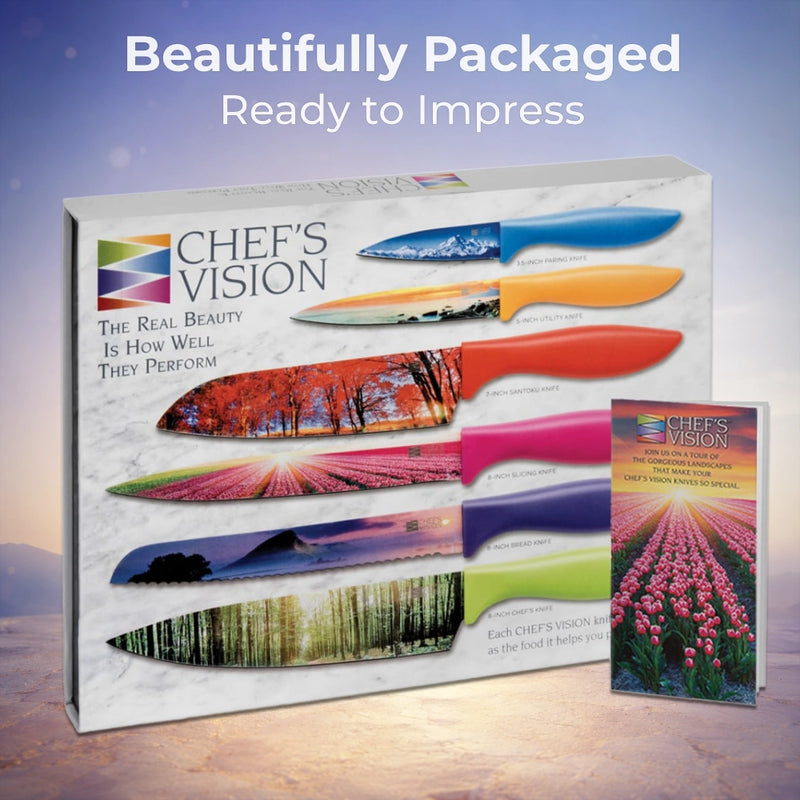 The Chef's Vision Landscape Six-Piece Knife Set features stainless steel blades with colorful landscape designs, non-stick coating, and comes boxed with packaging and an informational booklet.