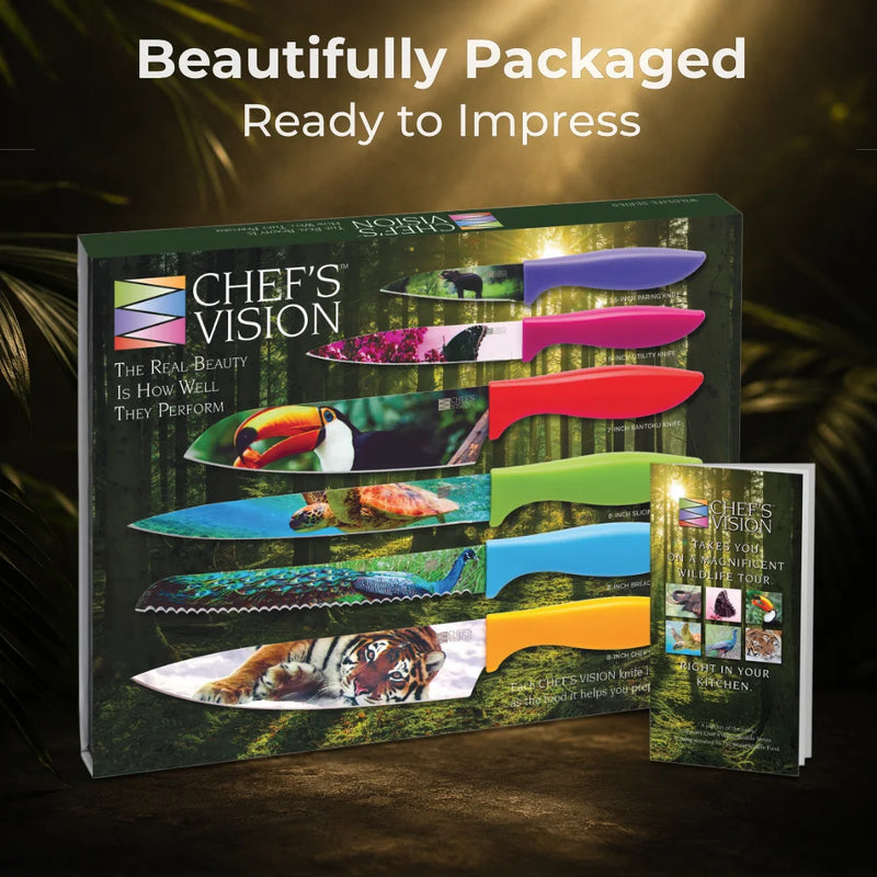The Chef's Vision Wildlife Six-Piece Knife Set features stainless steel blades with animal images, colorful ergonomic handles, and non-stick coating. It comes beautifully boxed with a booklet—perfect for gifting or display.