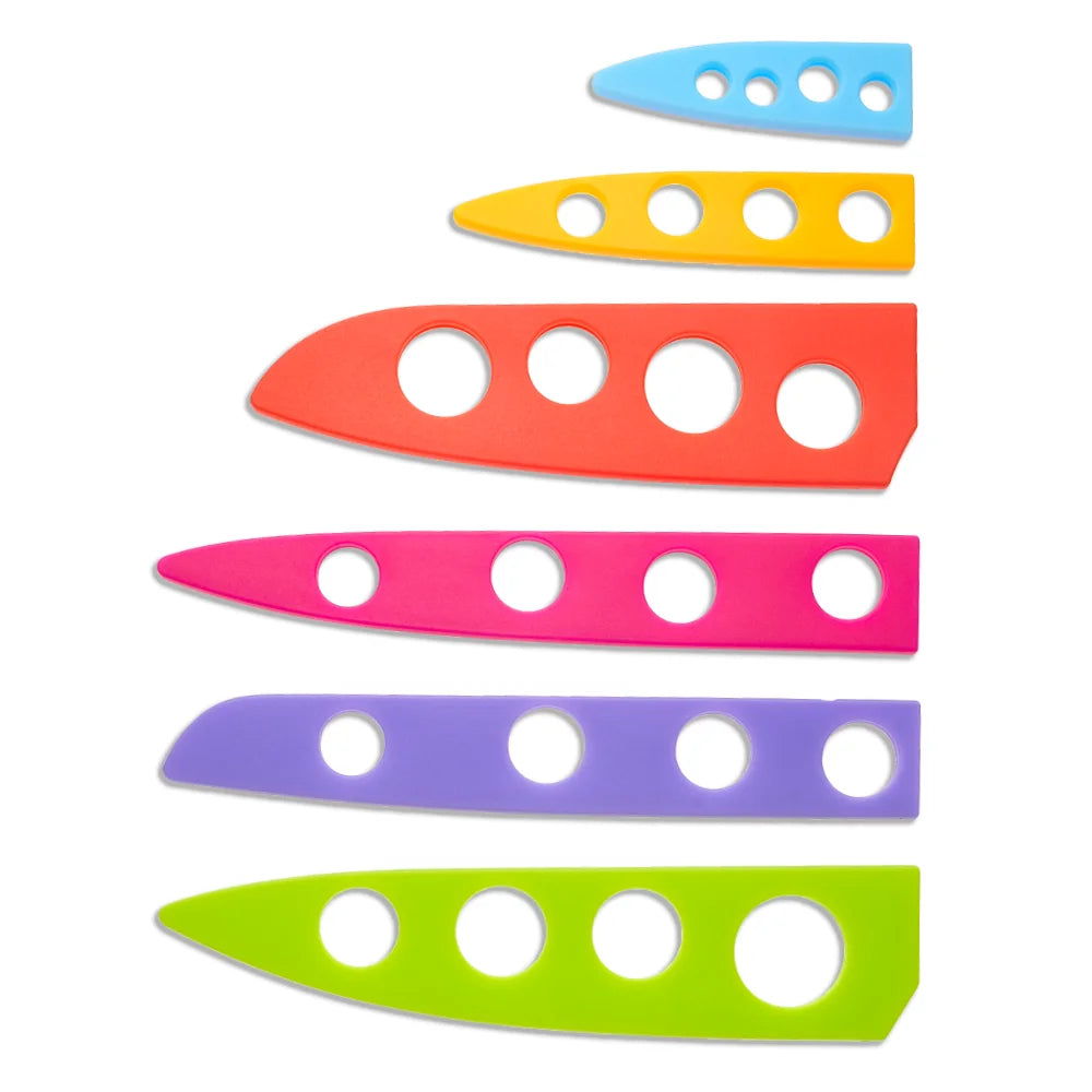 Chef's Vision BladeKeepers Blade Covers protect a row of six colorful Landscape Series kitchen knives, each with large circular cutouts and matching blade covers for safety and style.