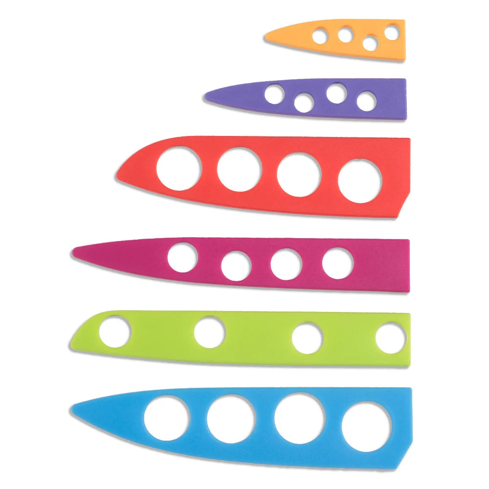 Chef’s Vision BladeKeepers Blade Covers for Wildlife Series Knife Set: Six color-coded covers with circular cutouts, arranged vertically by size—smallest to largest—for organized, safe storage of your knives.