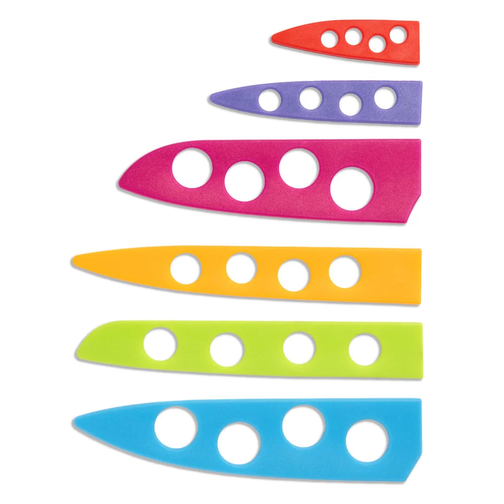 Six vibrant BladeKeepers Blade Covers for the Cosmos Series Knife Set by Chef's Vision are arranged vertically in red, purple, pink, yellow, green, and blue—ideal for keeping your knives safe and organized.