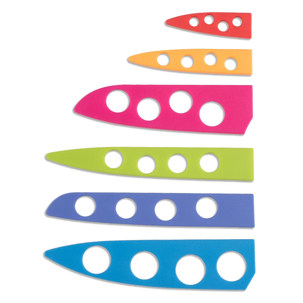 Five vibrant BladeKeepers Blade Covers for the Masterpiece Series Knife Set by Chef's Vision, featuring circular cutouts, are arranged from smallest (red) to largest (blue) on a white background.