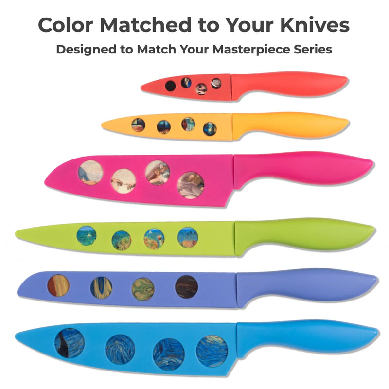 Five vibrant BladeKeepers Blade Covers for the Masterpiece Series Knife Set by Chef's Vision, featuring circular cutouts, are arranged from smallest (red) to largest (blue) on a white background.