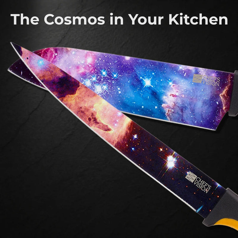 The Chef's Vision Cosmos Six-Piece Knife Set features dishwasher safe, durable stainless steel knives with black handles and vibrant galaxy-themed blades, arranged in a striking collection.