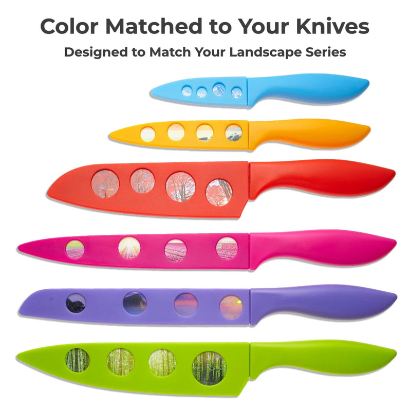 Chef's Vision BladeKeepers Blade Covers protect a row of six colorful Landscape Series kitchen knives, each with large circular cutouts and matching blade covers for safety and style.