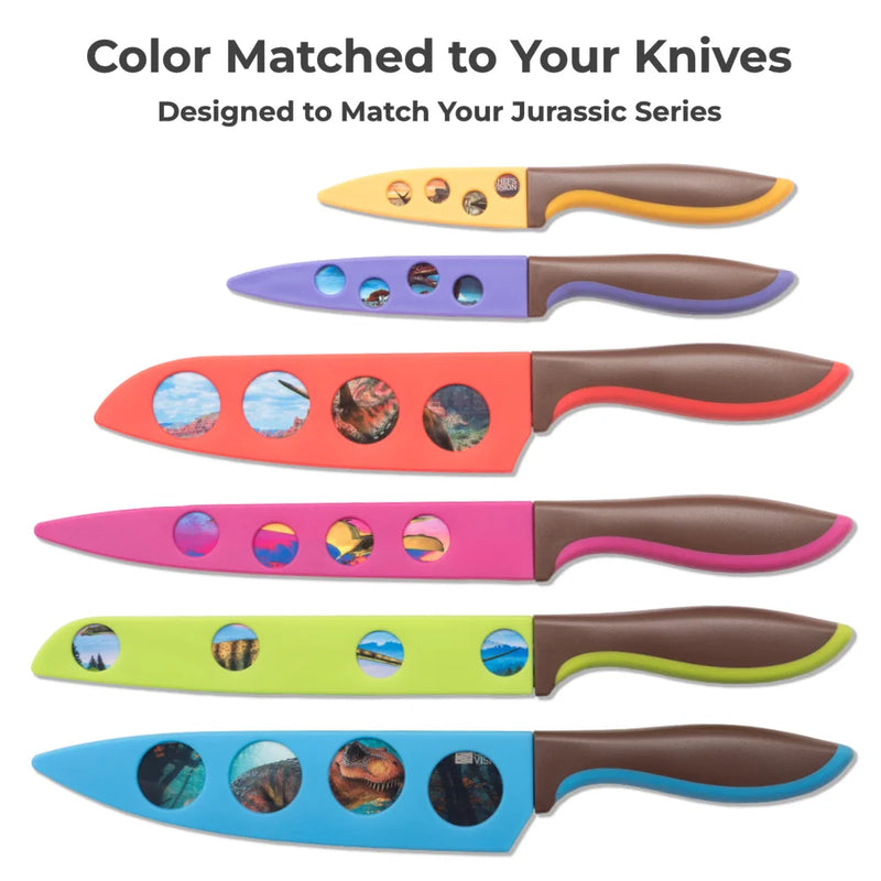 Chef’s Vision BladeKeepers Blade Covers for Wildlife Series Knife Set: Six color-coded covers with circular cutouts, arranged vertically by size—smallest to largest—for organized, safe storage of your knives.