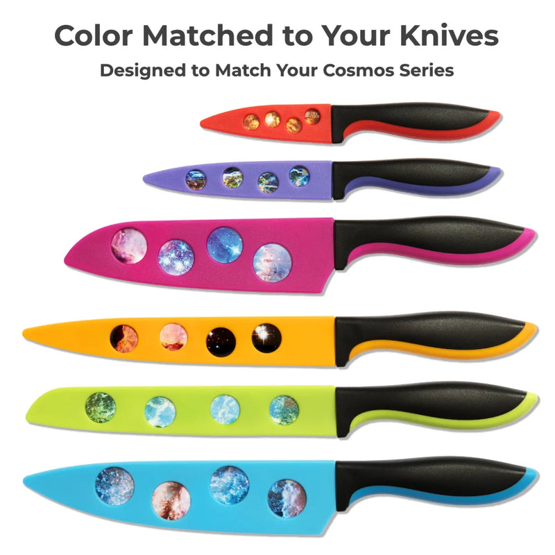 Six vibrant BladeKeepers Blade Covers for the Cosmos Series Knife Set by Chef's Vision are arranged vertically in red, purple, pink, yellow, green, and blue—ideal for keeping your knives safe and organized.