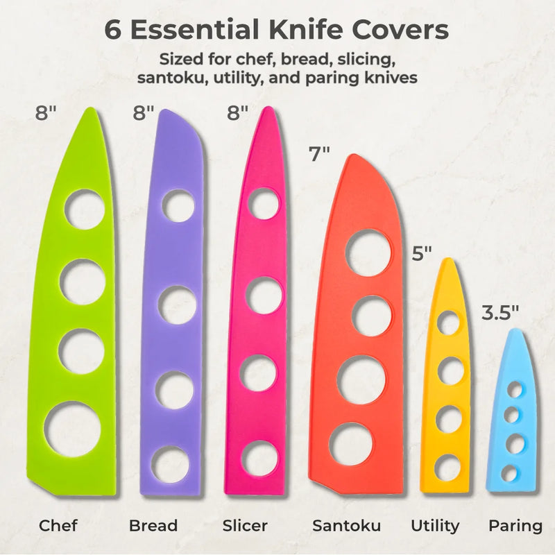 Six vibrant BladeKeepers Blade Covers from Chef's Vision, sized and labeled for chef, bread, slicer, santoku, utility, and paring knives in the Landscape Series Knife Set—perfect protection for every blade.