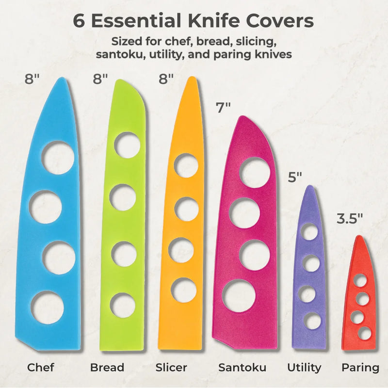 Chef’s Vision BladeKeepers for the Cosmos Series Knife Set include six color-coded sheaths, each labeled for chef, bread, slicer, santoku, utility, and paring knives, and arranged by size from largest to smallest.