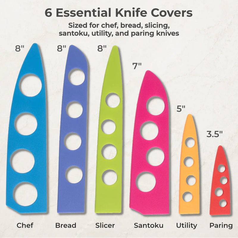 Six colorful BladeKeepers Blade Covers by Chef’s Vision are shown, labeled for chef, bread, slicer, santoku, utility, and paring knives. Designed for the Masterpiece Series Knife Set (8" to 3.5"), they protect your blades in style.