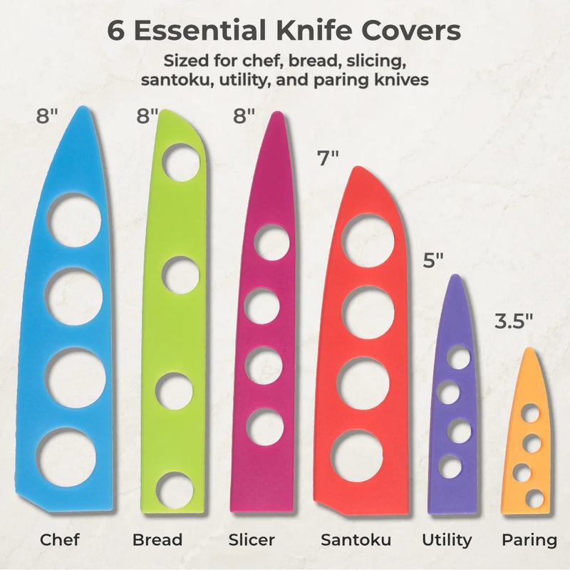 Chef's Vision BladeKeepers Blade Covers for Jurassic Series Knife Set include six labeled, colorful, dishwasher-safe covers for chef, bread, slicer, santoku, utility, and paring knives—arranged from largest to smallest.