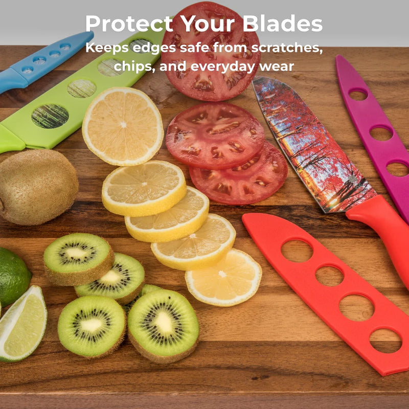 An assortment of sliced fruits and Chef's Vision Landscape Series knives with BladeKeepers Blade Covers are displayed on a wooden cutting board. Text: "Protect Your Blades—BladeKeepers keep edges safe from scratches, chips, and daily wear.