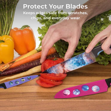 A person slices a tomato with a galaxy-design knife; Chef's Vision BladeKeepers Blade Covers for Cosmos Series Knife Set and other decorative knives are on the cutting board among vegetables.