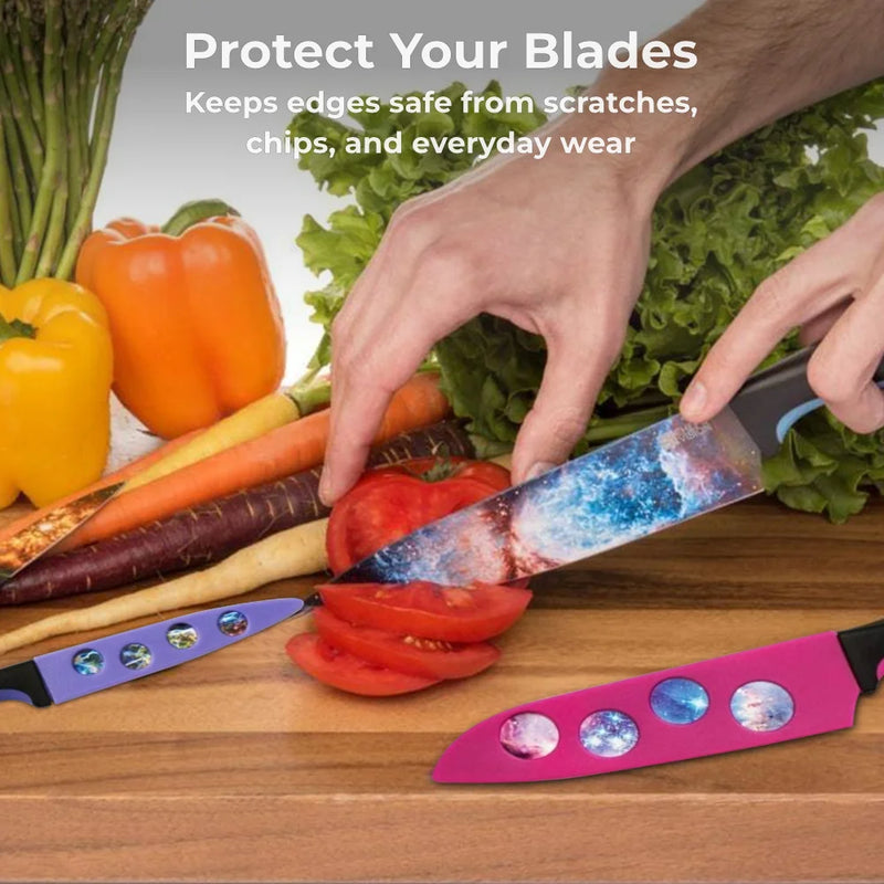 A person slices a tomato with a galaxy-design knife; Chef's Vision BladeKeepers Blade Covers for Cosmos Series Knife Set and other decorative knives are on the cutting board among vegetables.