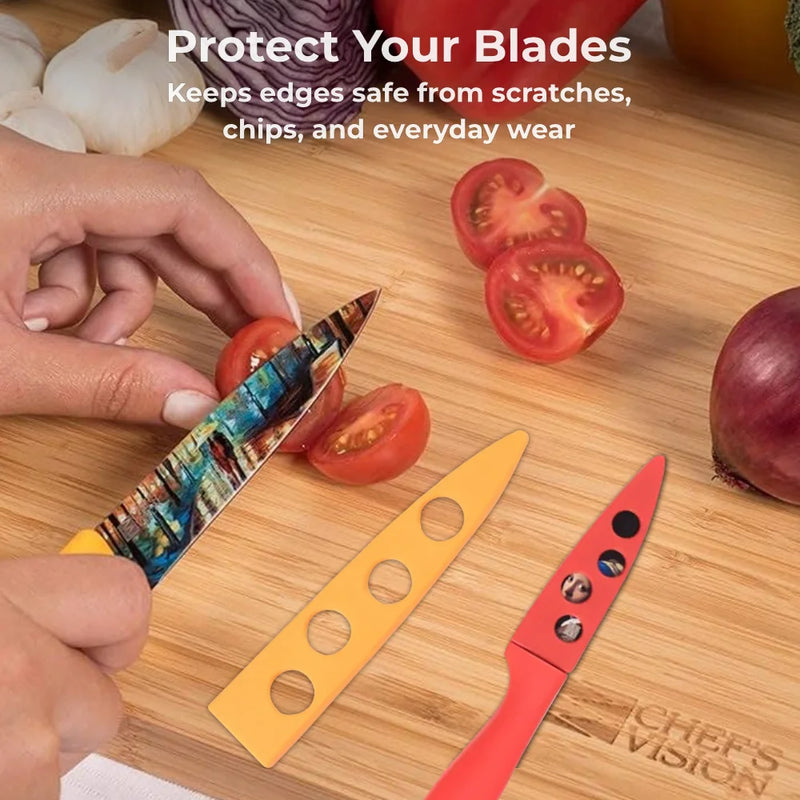 A hand slices cherry tomatoes with the Chef's Vision Masterpiece Series Knife Set on a wooden board; BladeKeepers Blade Covers and fresh vegetables are also shown. Text reads: "Protect Your Blades...".