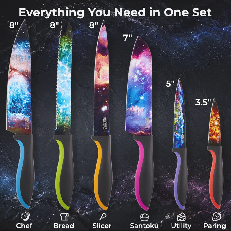 The Chef's Vision Cosmos Six-Piece Knife Set features dishwasher safe, durable stainless steel knives with black handles and vibrant galaxy-themed blades, arranged in a striking collection.