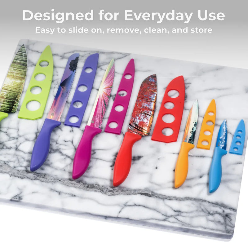 A set of Chef's Vision Landscape Series knives with BladeKeepers Blade Covers arranged on a white marble board. Text above reads, "Designed for Everyday Use.