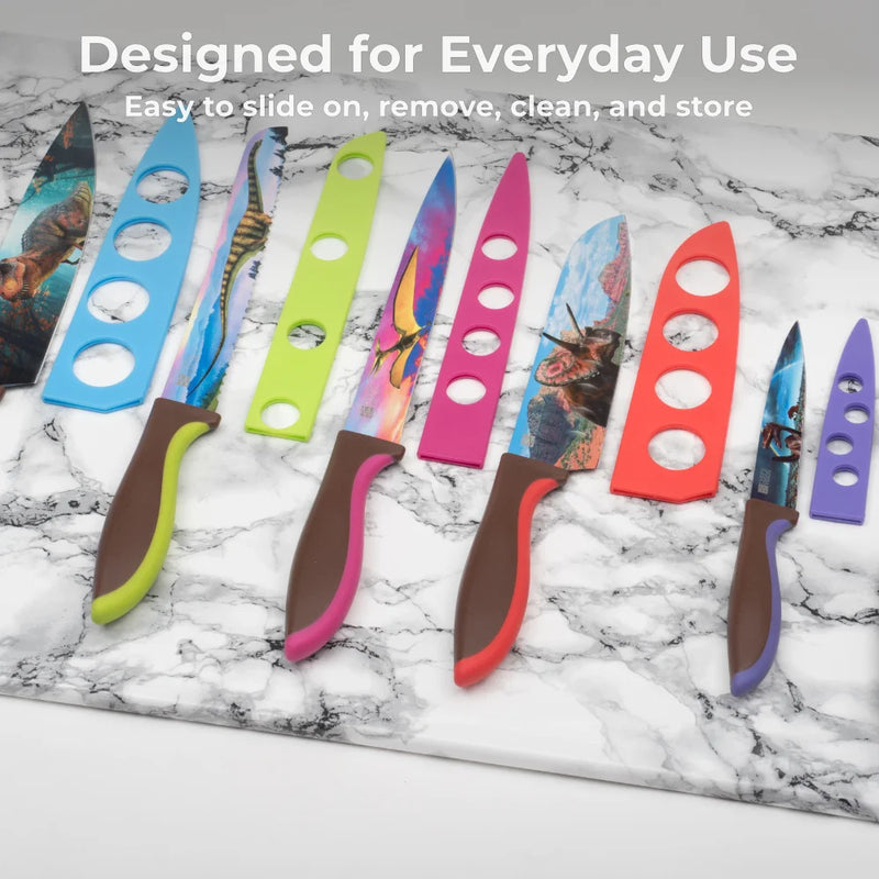 Chef's Vision BladeKeepers Blade Covers for the Jurassic Series Knife Set, a set of six colorful, dishwasher-safe kitchen knives with matching covers, perfect for everyday use and displayed on a marble surface.