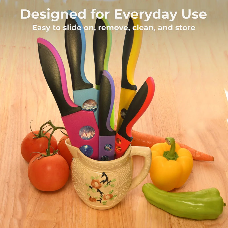 Five Cosmos Series knives with BladeKeepers blade covers by Chef's Vision in a floral mug, surrounded by fresh veggies on a wooden surface; text reads “Designed for Everyday Use.”.