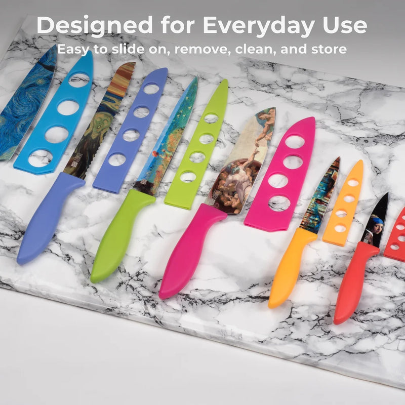 Chef’s Vision BladeKeepers Blade Covers for the Masterpiece Series Knife Set protect six colorful kitchen knives, keeping them safe and stylish—perfect for everyday use.