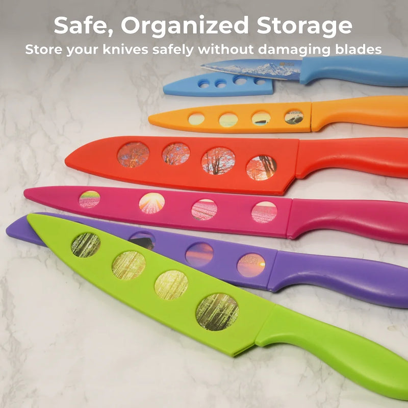 Five colorful Chef's Vision Landscape Series knives with BladeKeepers blade covers are displayed on a marble surface. Text above: "Safe, Organized Storage—protect and store your blades securely with BladeKeepers.