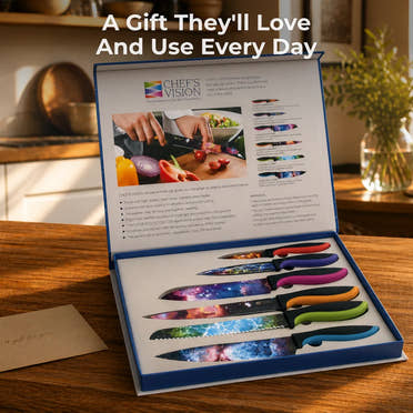 The Chef's Vision Cosmos Six-Piece Knife Set features stainless steel blades with vibrant cosmic designs and colorful ergonomic handles, displayed open with a gift envelope. Text: "A Gift They'll Love And Use Every Day.