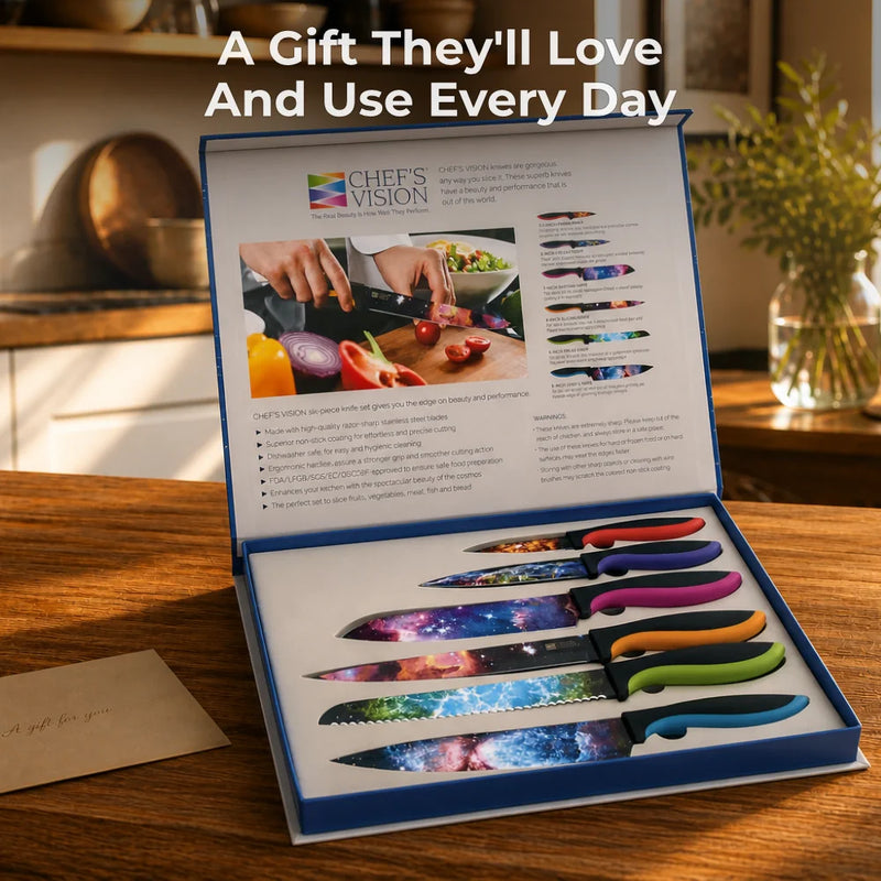 The Chef's Vision Cosmos Six-Piece Knife Set features stainless steel blades with vibrant cosmic designs and colorful ergonomic handles, displayed open with a gift envelope. Text: "A Gift They'll Love And Use Every Day.