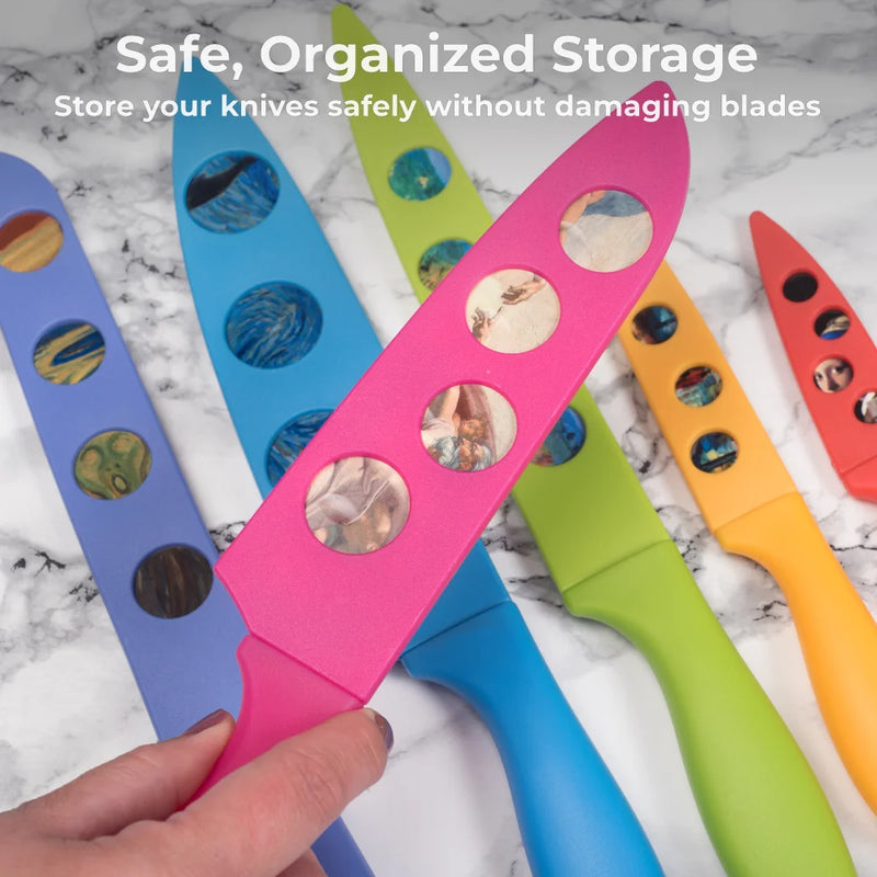 A hand holds a pink knife with circular cutouts above four colorful knives from the Chef's Vision Masterpiece Series. Text above highlights safe, organized storage using BladeKeepers Blade Covers by Chef's Vision on a marble surface.