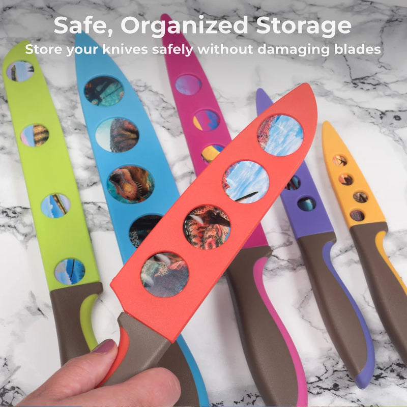 A hand holds a Jurassic Series kitchen knife with blade holes by Chef's Vision; five similar knives lie on marble. Above, text promotes safe, organized storage using BladeKeepers Blade Covers for the Chef's Vision set.