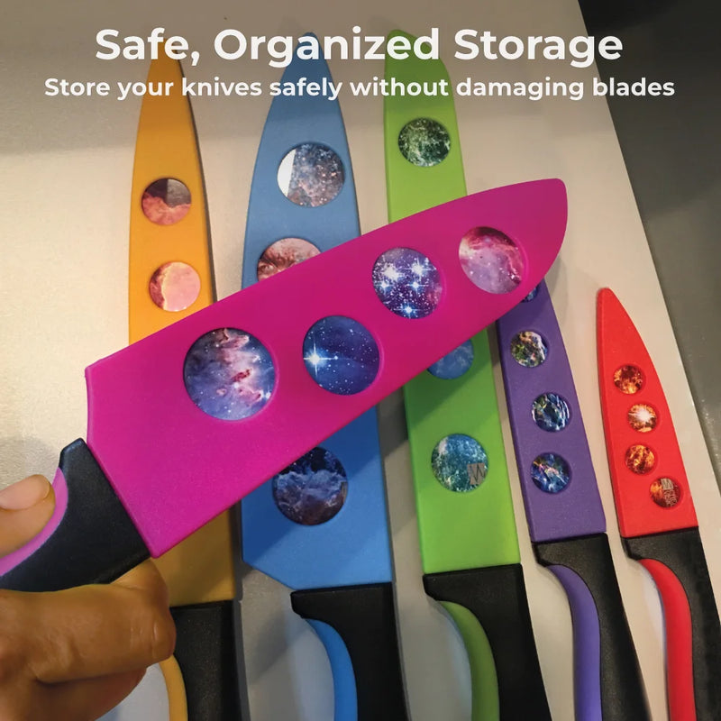 Chef's Vision BladeKeepers Blade Covers for Cosmos Series Knife Set offer safe, organized storage with color-coded sheaths that protect blades and prevent damage. Five colorful knives with patterned blade holes are shown, each with its own protective cover.