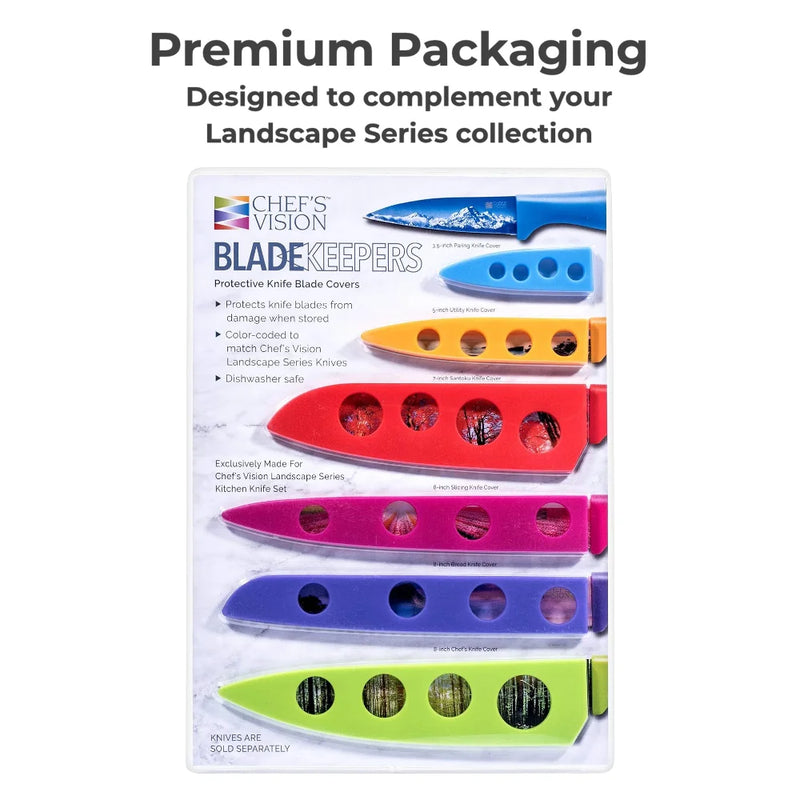 Chef's Vision BladeKeepers Blade Covers for Landscape Series Knife Set includes six colorful covers with holes, providing reliable knife protection.