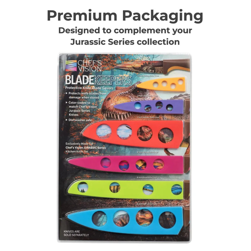 Chef’s Vision BladeKeepers Blade Covers for the Jurassic Series Knife Set are dishwasher safe, come in assorted colors, and are designed to complement the Chef's Vision Jurassic Series collection.
