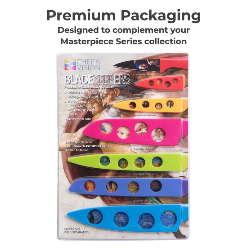 Chef's Vision BladeKeepers Blade Covers for Masterpiece Series Knife Set—six colorful blade covers on a printed card with product info, perfect to protect and complement your Masterpiece knives.