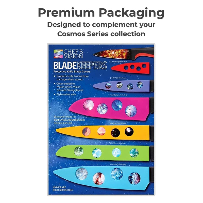 Packaging for Chef's Vision BladeKeepers Blade Covers for Cosmos Series Knife Set, showing six color-coded cosmic design knife protectors, designed to match the Cosmos Series collection.