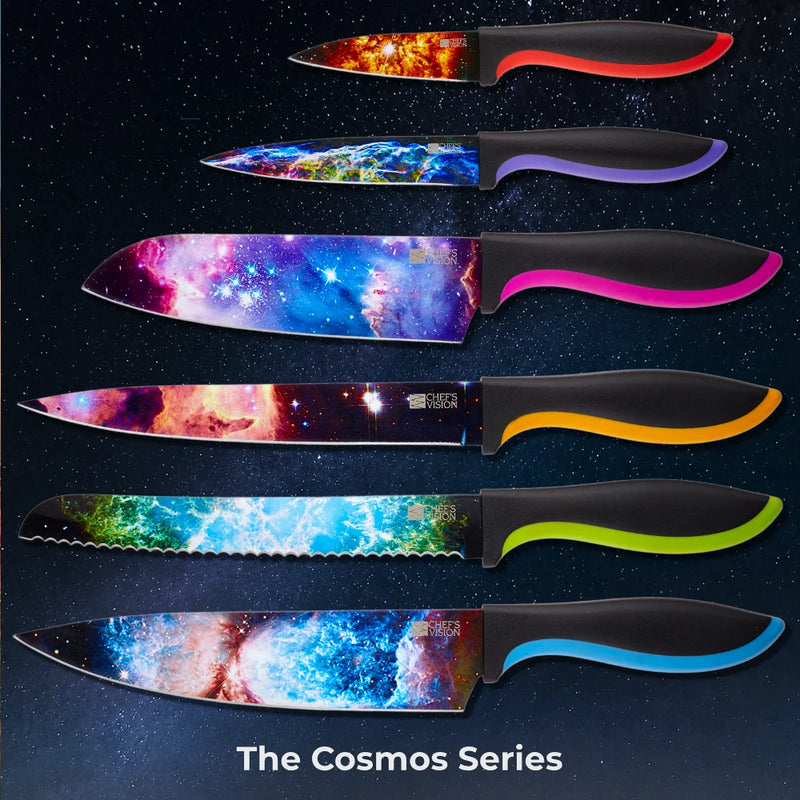 The Chef's Vision Cosmos Six-Piece Knife Set features dishwasher safe knives with galaxy-themed blades and vibrant handles, showcased against a starry backdrop.