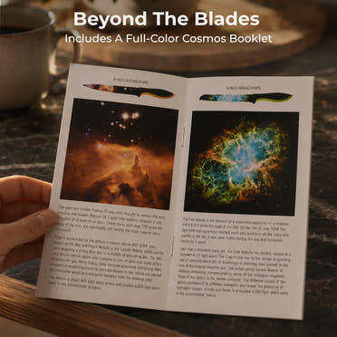 A person holds an open booklet from Chef's Vision’s Cosmos Six-Piece Knife Set, showing vivid cosmic imagery and details like the Pillars of Creation and Crab Nebula—capturing the wonder of space through precision cutlery.