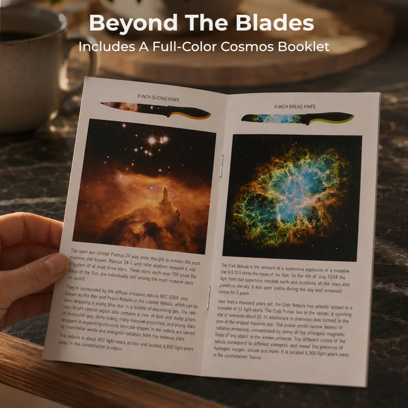 A person holds an open booklet from Chef's Vision’s Cosmos Six-Piece Knife Set, showing vivid cosmic imagery and details like the Pillars of Creation and Crab Nebula—capturing the wonder of space through precision cutlery.