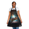 A dinosaur enthusiast wearing a Chef's Vision Jurassic Apron in the forest.