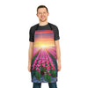 A man wearing a Chef's Vision Landscape Apron with an image of tulips, showcasing the beauty of nature.