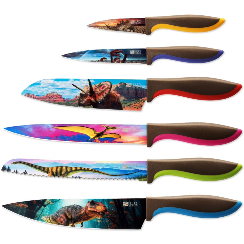 The Chef's Vision Jurassic Six-Piece Knife Set features stainless steel blades with colorful dinosaur scenes and ergonomic multicolored handles. These dishwasher-safe kitchen knives combine prehistoric style with modern convenience.